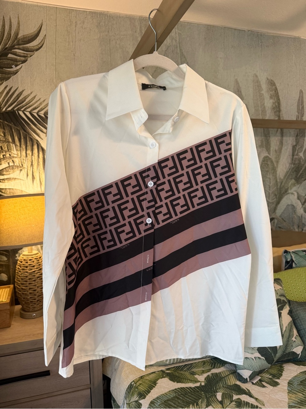 Fendi White Shirt with Taupe and Black FF Stripe